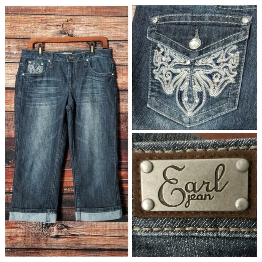 Earl Capri Jeans Embellished 8 Dark Blue Denim Cropped Cuffed